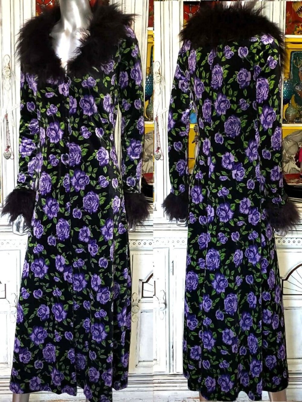 Betsey Johnson Black Velvet Floral Faux Fur Duster Opera Coat Long Dress Jacket - Picture 2 of 16